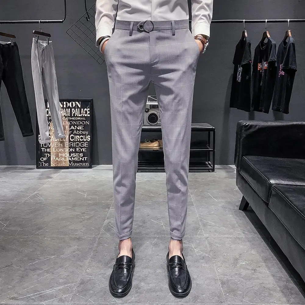 Мужские брюки в клетку облегающие мужские офисные формальные клетчатые