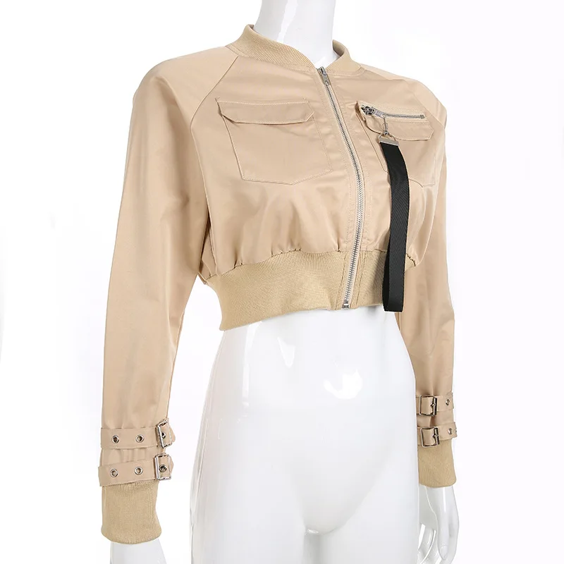 

Women Streetwear Cropped Jackets 2020 Autumn Long Sleeve Zipper Jacket Coat Adjustable Sleeve Fashion Black Khaki Chaqueta Mujer
