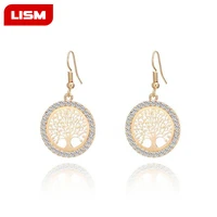 gold crystal earrings women hollow out tree of life pattern round earring mujer jewelry 2018 fashion pendientes