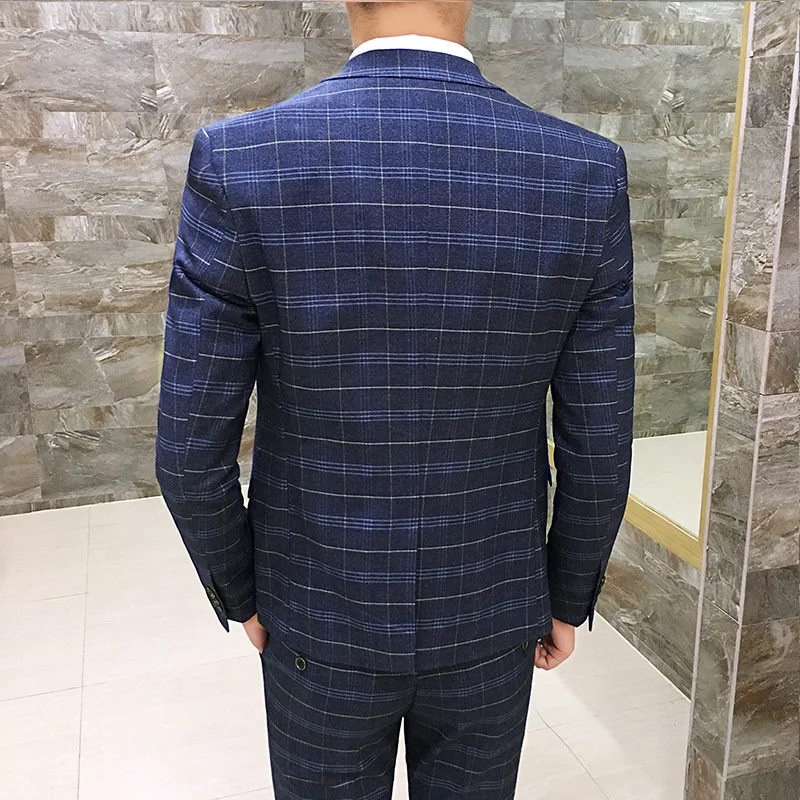 Korean Version Self-cultivation Men's Plaid Printed Suit Three-piece Dress Costume Homme Mariage Luxe | Мужская одежда