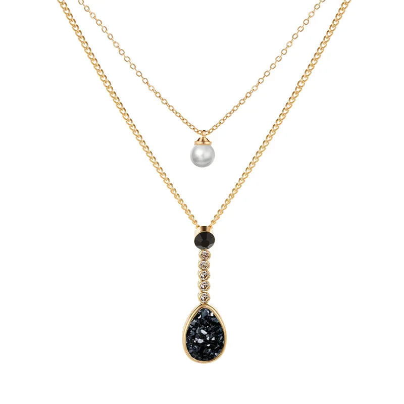 Doreen Box New Gold Pearl Geometric Water Drop-Shaped Rhinestone Pendant Multilayer Necklace For Elegant Women Fashion Jewelry | Украшения