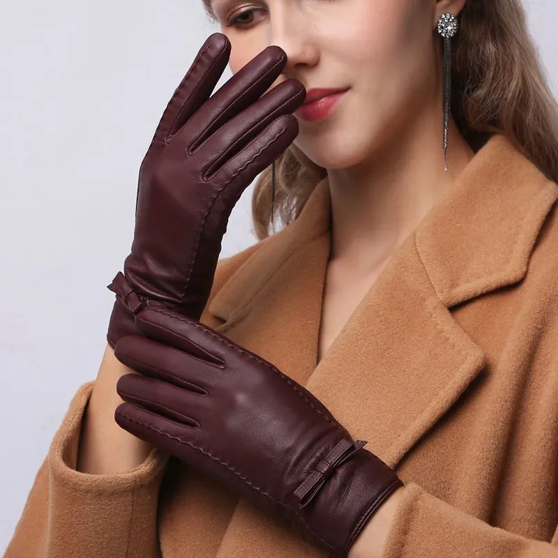 Wine red Короткие рукавицы из овечьей кожи с бантом; женские модные бархатные толстые теплые зимние кожаные перчатки для вождения; NW185-5 - Цвет: Wine red