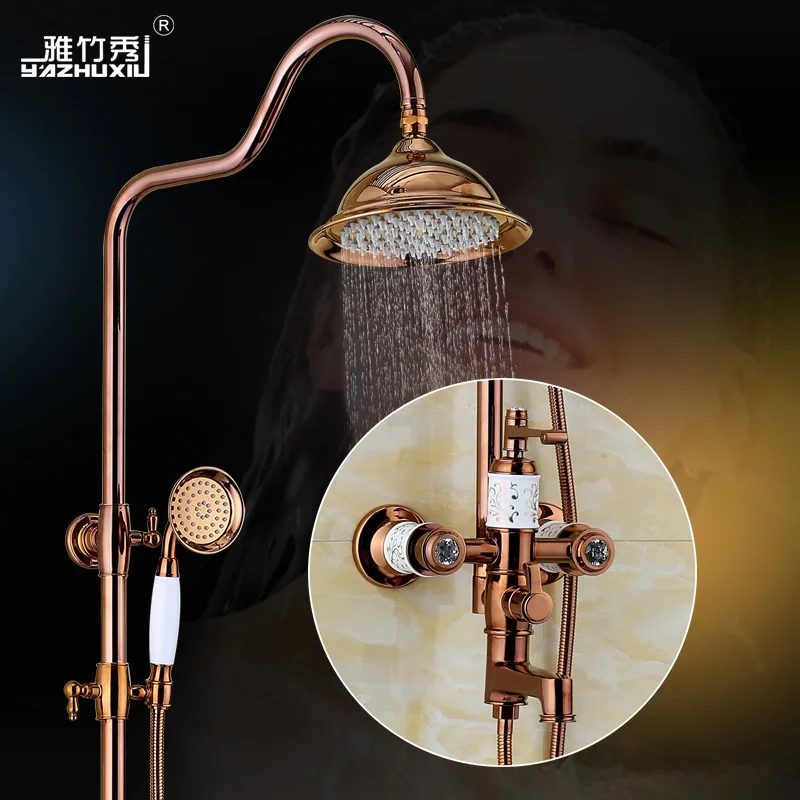 

Antique Rose Gold Bathroom Round Rain Shower Faucet Sets Wall Mounted Diamond Sprinkle Retro Suit Copper Wall Shower