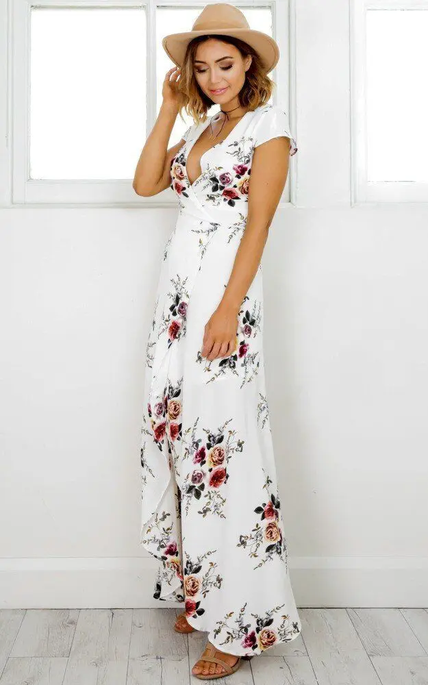 H. SA Цветочным Принтом Долго Dress Женщины 2017 Макси Vestidos Сексуальный белый Сплит
