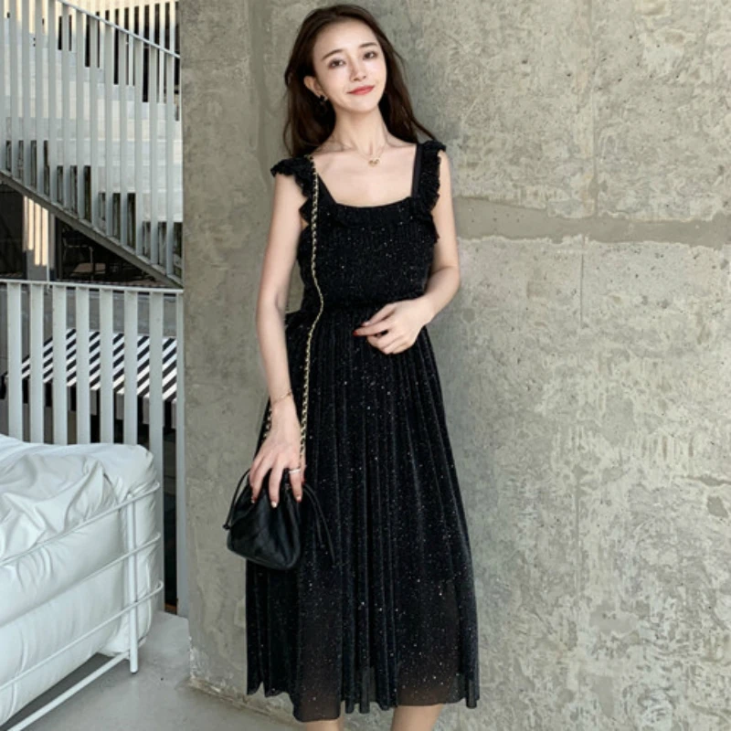 Plus Size Korean Sequin Dress Women Big Swing Midi Casual Black Vintage Elegant Dresses Ladies Vestidos Verano 2019 | Женская одежда