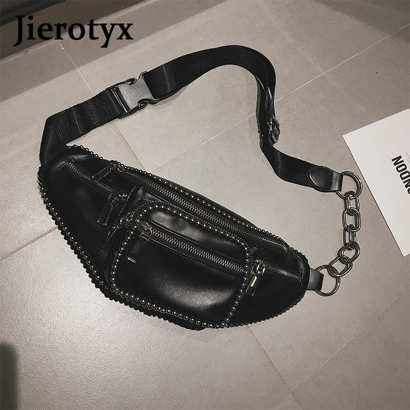 Женская Кожаная поясная сумка JIEROTYX черная с заклепками в готическом стиле