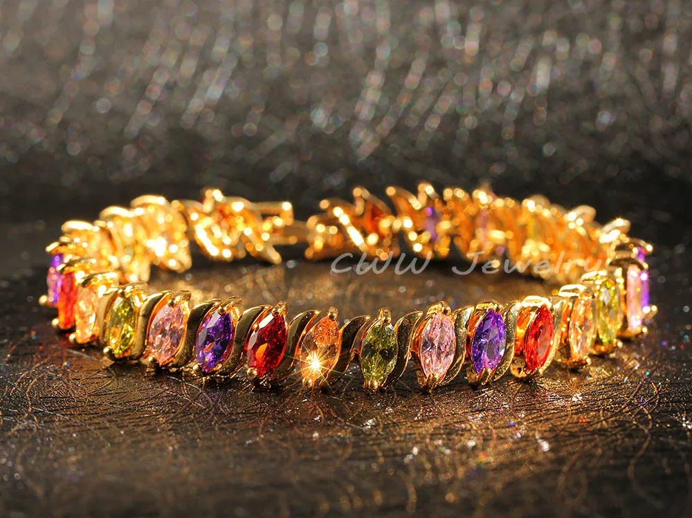 CWWZircons Top Quality Oval Shape Crystals Paved Yellow Gold Color Women Tennis Bracelets With Multi Colored Zircon Stone CB168|tennis