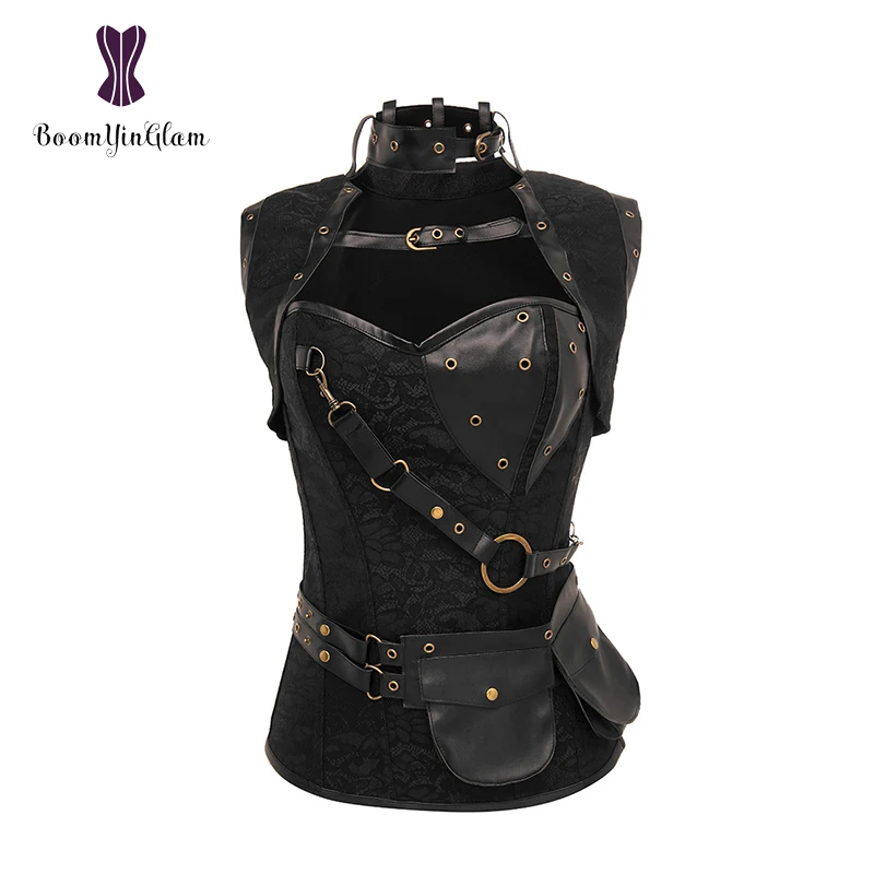 

926 Fantasy leather pocket decorated Gothic costume steel boned corselet cowgirls style steampunk corset with jacket