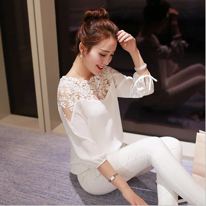 Fun Orange new fashion summer blouse women casual chiffon lace version loose stitching sleeve blusa feminina shirt |