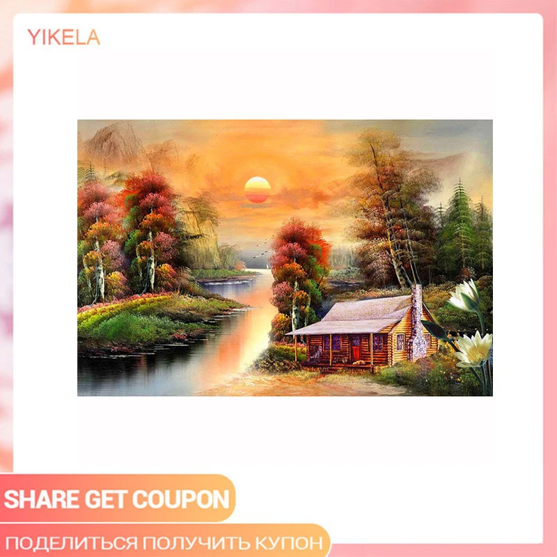 YIKELA 5D Diamond Painting Full Square Drill Sunrise Village Pictures Scenery Embroidery Cross Stitch Mosaic Gift | Дом и сад