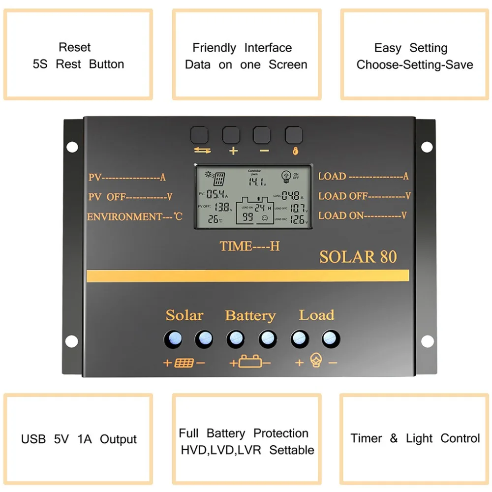 Y SOLAR 80A 60A PWM Solar Controller 12V 24V Auto Charger LCD Display Panel Battery Charging Regulator USB 5V|Солнечные