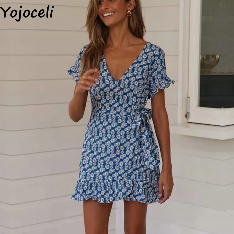 Женское Короткое платье Yojoceli элегантное пляжное с цветочным принтом и оборками
