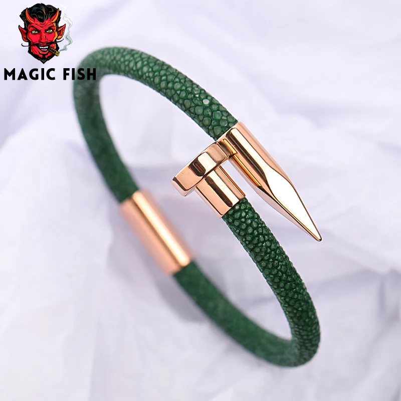 Браслеты Magic Fish браслеты для мужчин темно зеленая кожа ската розовое золото