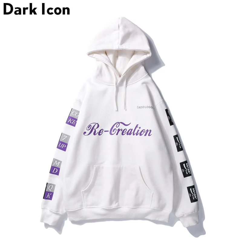 Мужская толстовка с капюшоном DARK ICON Черная/белая принтом из флиса на зиму
