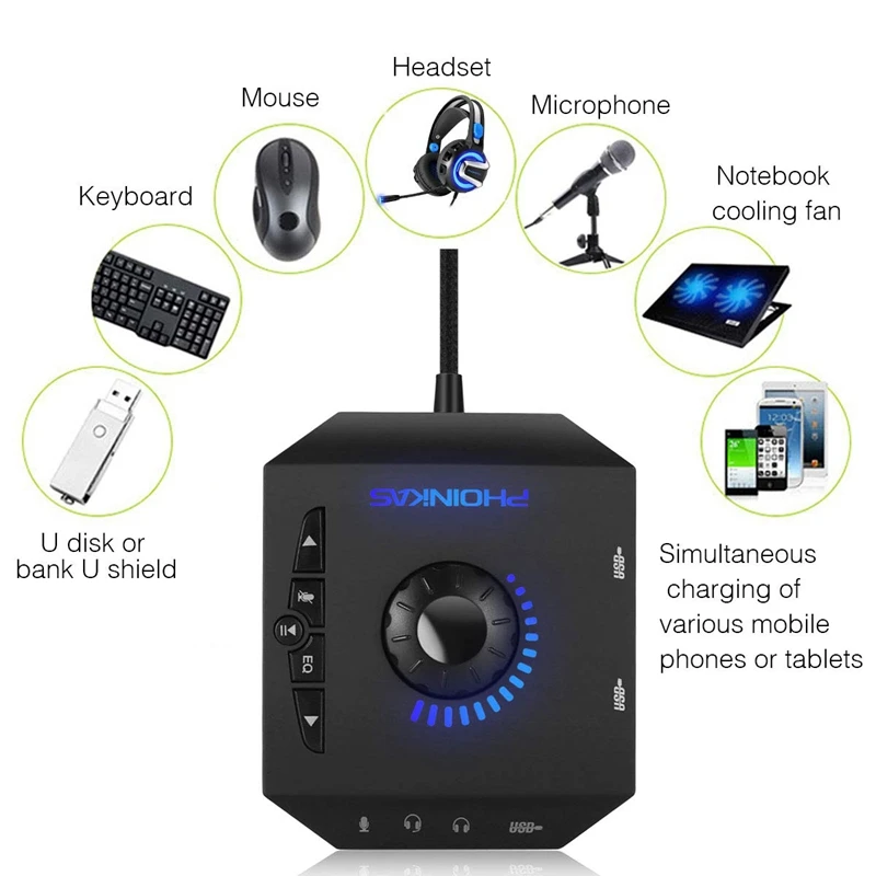 Phoinikas T10 мульти-переключатель usb-хаб аудио адаптер внешняя стерео карта с 3,5 мм наушники и микрофон Jack черный