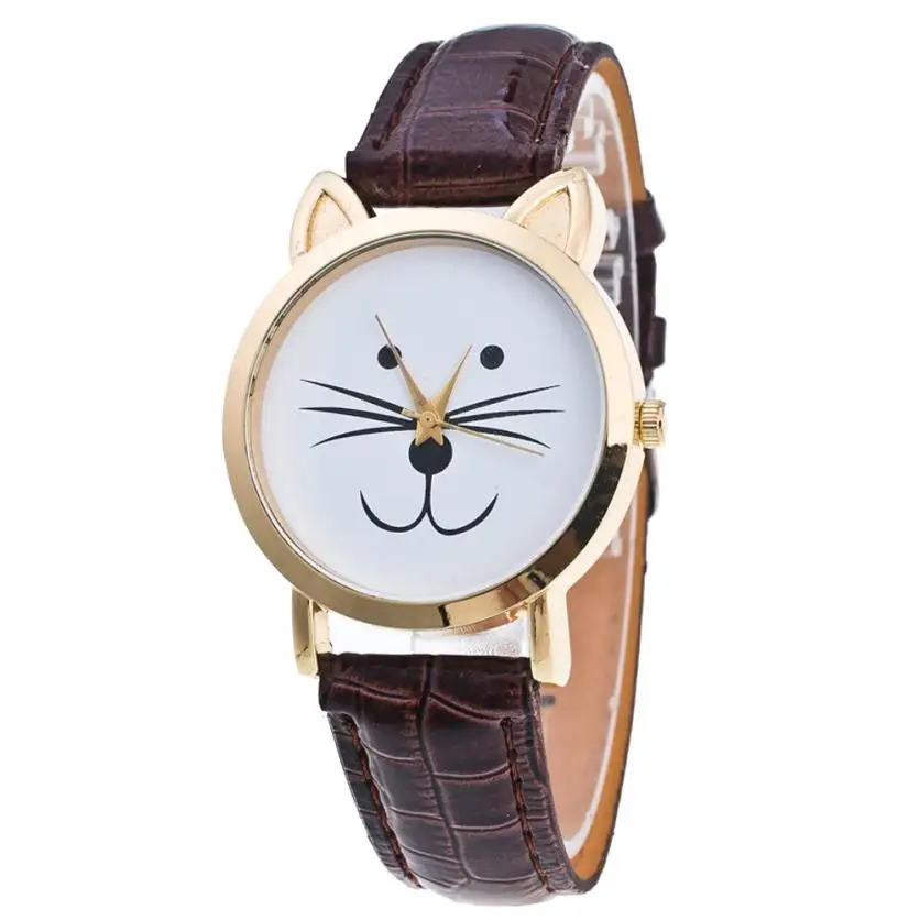 Высокое качество кожанные женские часы Новые Curren Cat Face Pattern кожаный ремешок
