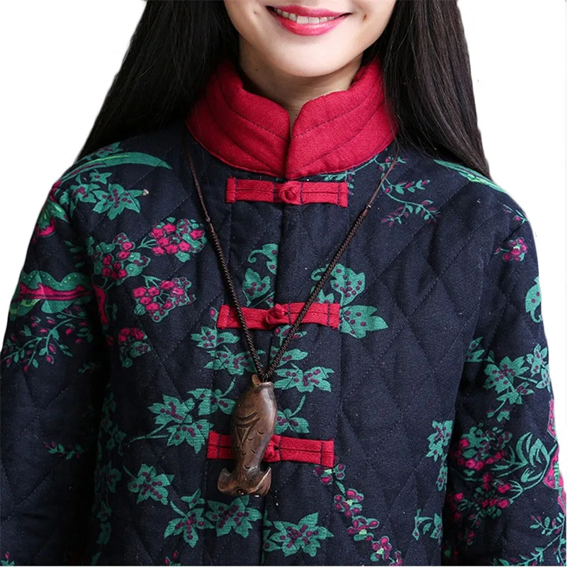 

National wind cotton Women Winter Women's collar collar buckle long cotton linen coat jacket Plus size Parkas outerwear 4XL 1071