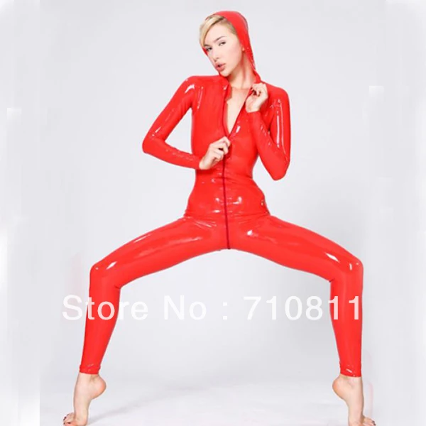 

100% handmade nature latex sexy red catsuit attached cap