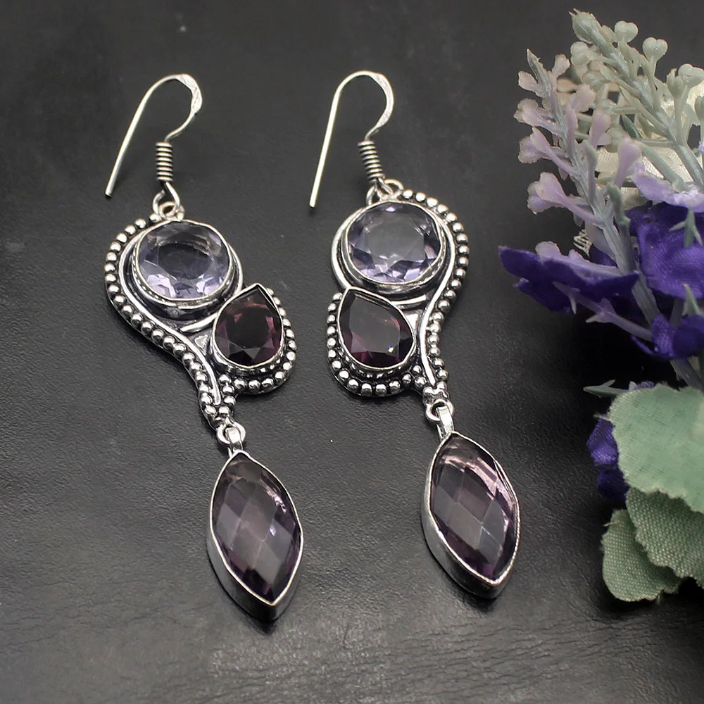 Gushing Vintage Purple Amethyst925 Sterling Silver Color Dangle Earring Women Jewelry Free Shipping 2 7/8 INCH TF489 | Украшения и