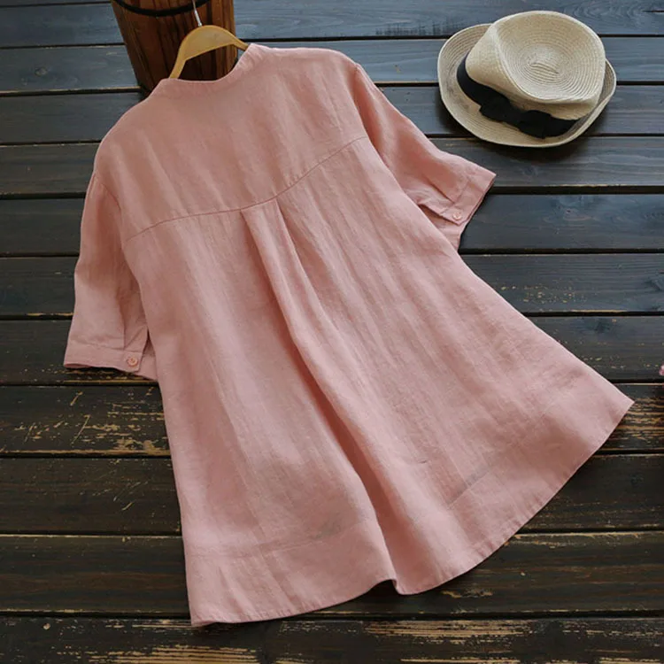 4548 Summer Women Japan Style Cotton Linen Stand Collar Top Embroidery Short Sleeve Blouse Big Size Loose A-Line | Женская одежда