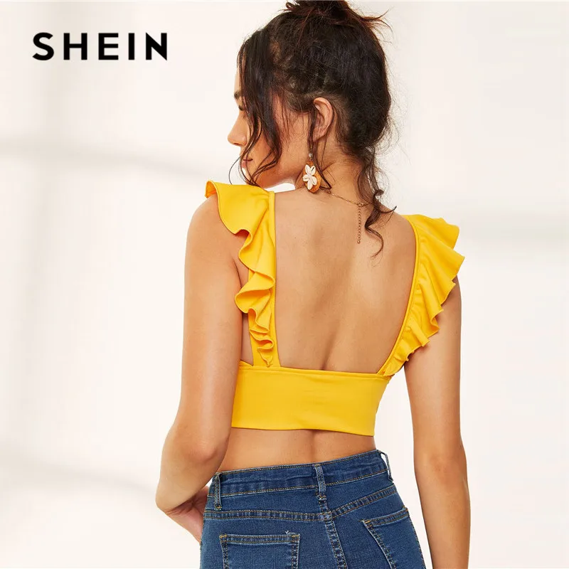 SHEIN желтый сексуальный топ с глубоким вырезом и оборкой, женская одежда, летний топ без рукавов для девушек, Приталенный жилет, майка