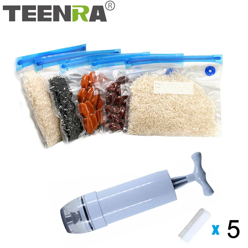 TEENRA 5 шт. мешок для свежести пищи вакуумный уплотнитель насоса мешок для хранения продуктов многоразовая упаковочная машина Вакуумный насос кухонный Органайзер - Цвет: Set3