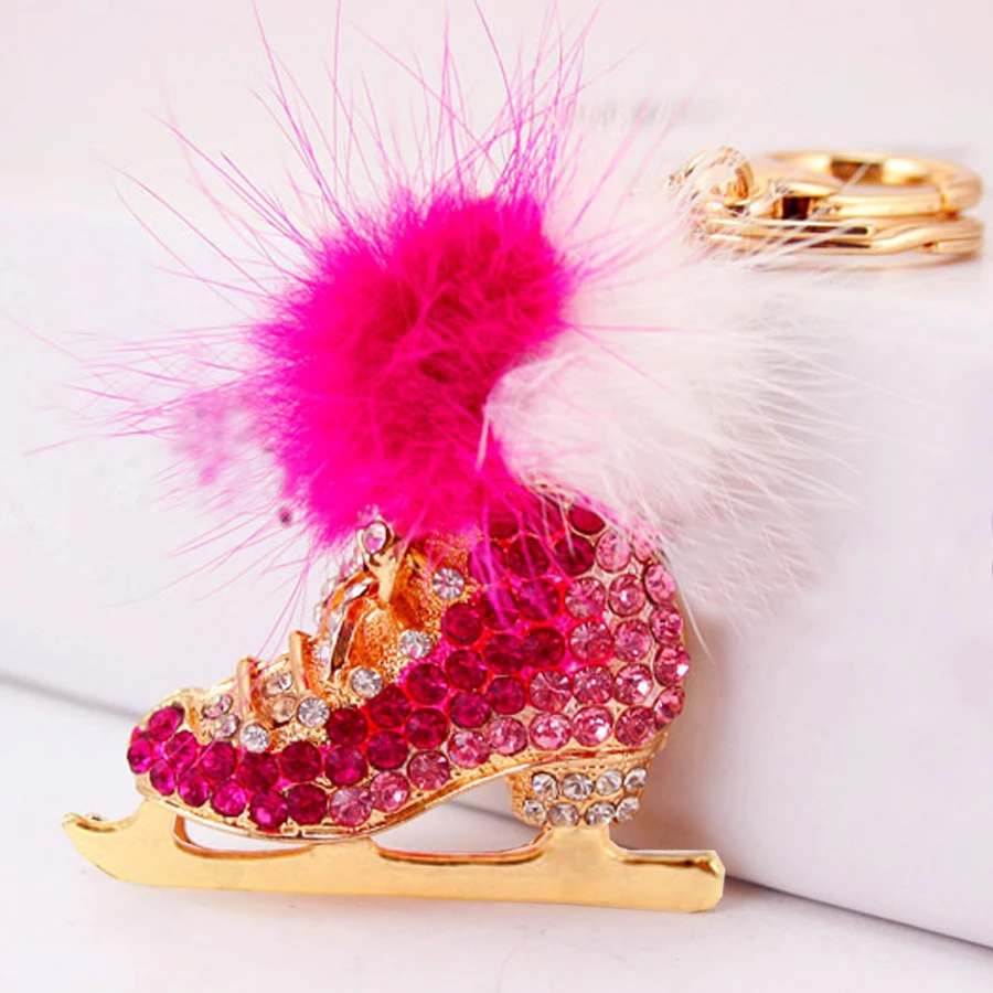 Красивый хрустальный меховой мяч коньки обувь брелоки помпон брелок держатель