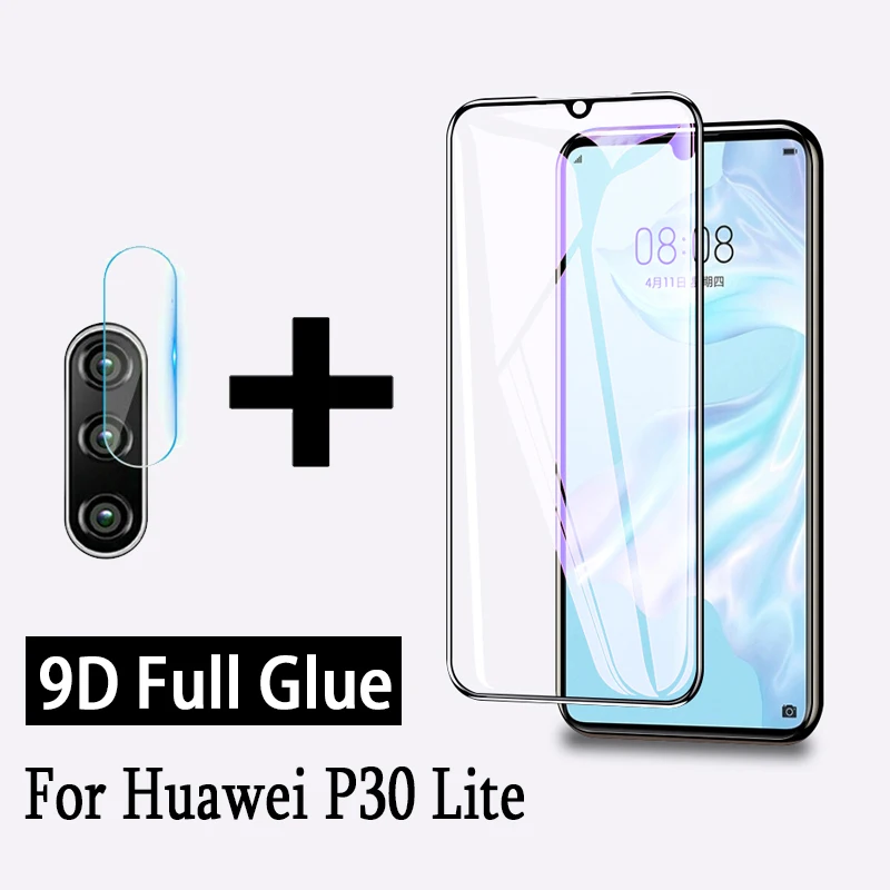Закаленное стекло 9D для Huawei P30 Lite защита экрана полная проклейка и линза камеры
