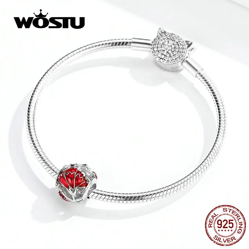WOSTU, красная эмаль, цветок гвоздики, бусины, 925 пробы, серебро, шарм, подходит к оригинальному браслету, подвеска, серебро 925, ювелирные изделия FNC097