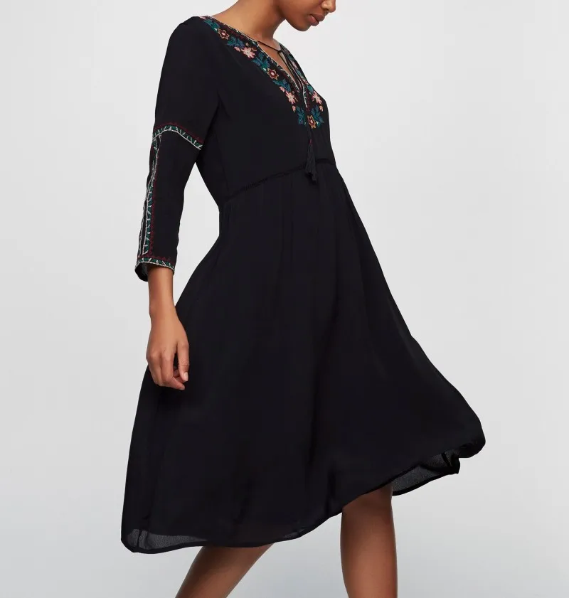 Платье женское черное с рукавом 3/4 и вышивкой|dress size|party dresseswholesale dress |