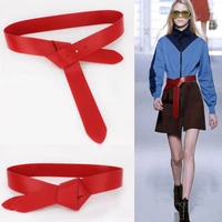 new fashion designer red wide soft pu leather tie belt for women strap belts luxury black long diy bowknot tie design lady dress