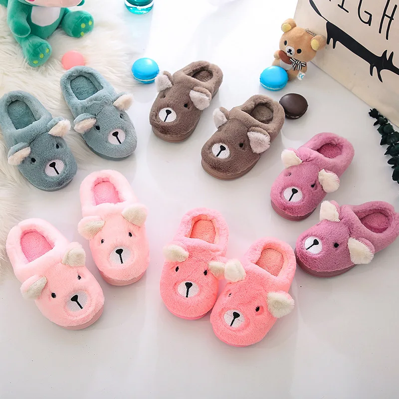 Шлепанцы с мультяшным медведем для детей меховые тапочки мальчиков домашние