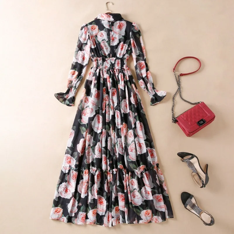 2020 spring summer long sleeve floral print chiffon elegant holiday o-neck waist elastic new arrival exquisite ladies dress | Женская