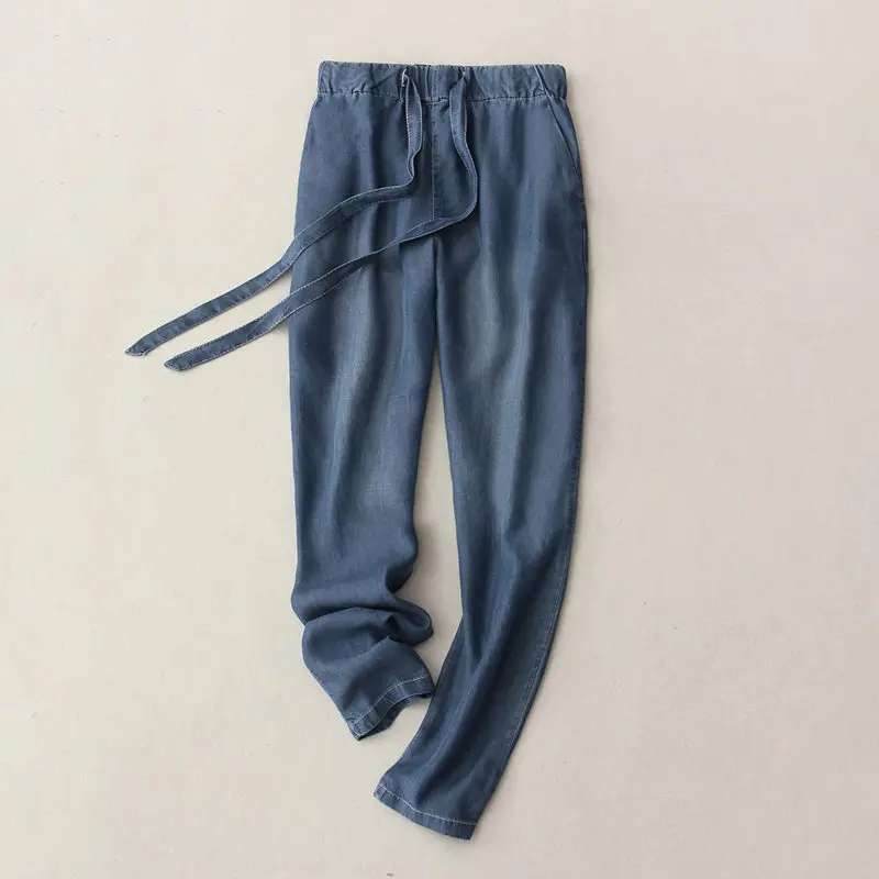 dark blue Летние брюки, тонкие джинсовые брюки, женские повседневные джинсы на шнуровке с эластичной резинкой на талии, штаны-шаровары размера плюс, свободные штаны, Pantalon Femme C5461 - Цвет: dark blue