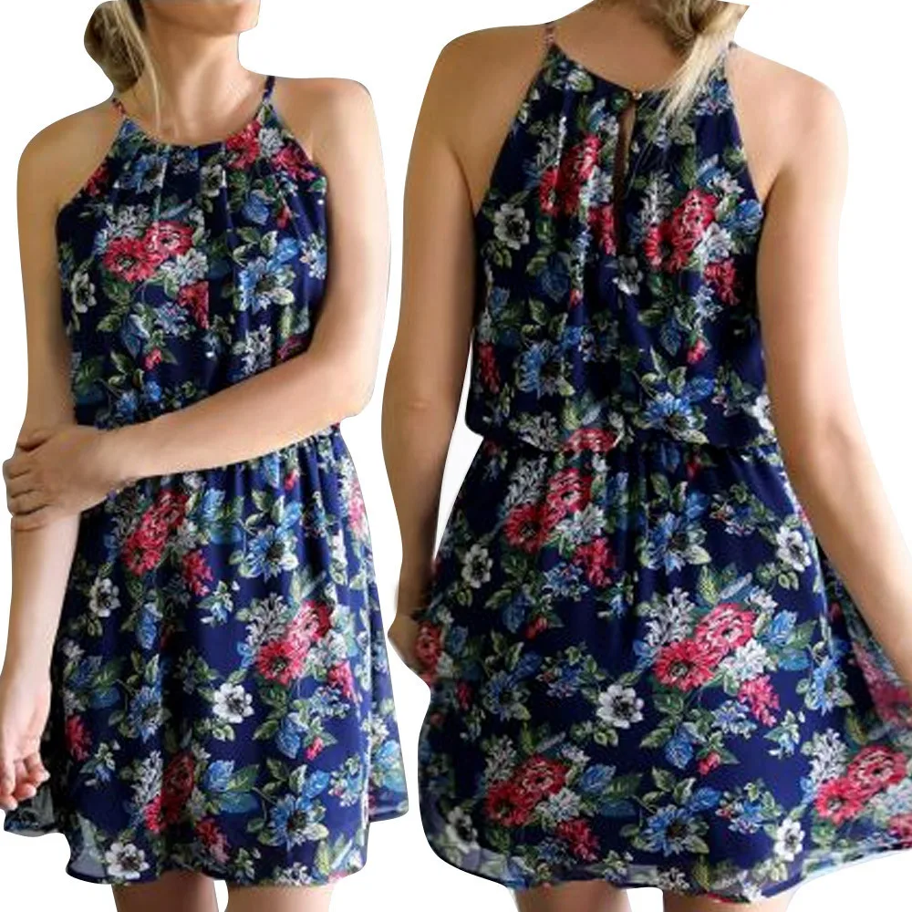 Женское сексуальное мини-платье на бретельках с цветочным рисунком без ожерелья