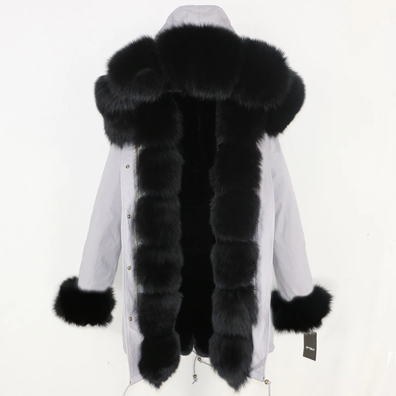grey black OFTBUY, Длинные парки, зимняя куртка, Женское пальто из натурального меха, натуральный Лисий мех, Отделка капюшона, черная верхняя одежда, уличная одежда, толстая теплая парка - Цвет: grey black