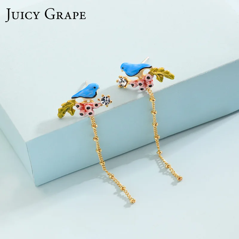 Juicy Grape Enamel Glaze Copper Gilded Spiral Earrings for Women Ear Hook Clip Blue Bird Animal Fashion Jewelry | Украшения и