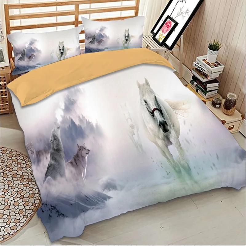 Black Horse Wolf Printed Bedding Set Twin Full Queen King Duvet Cover Single Double Size Bedclothes For Children Kid Adult | Дом и сад