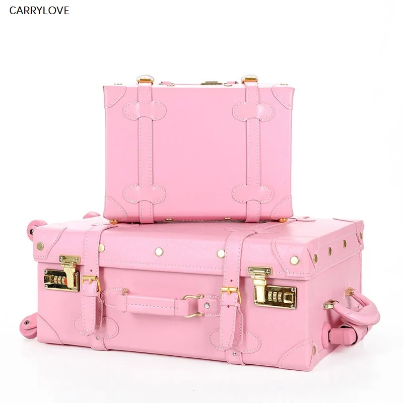 CARRYLOVE High quality girl PU leather trolley luggage bag set, lovely full pink vintage suitcase for female, retro luggage gift