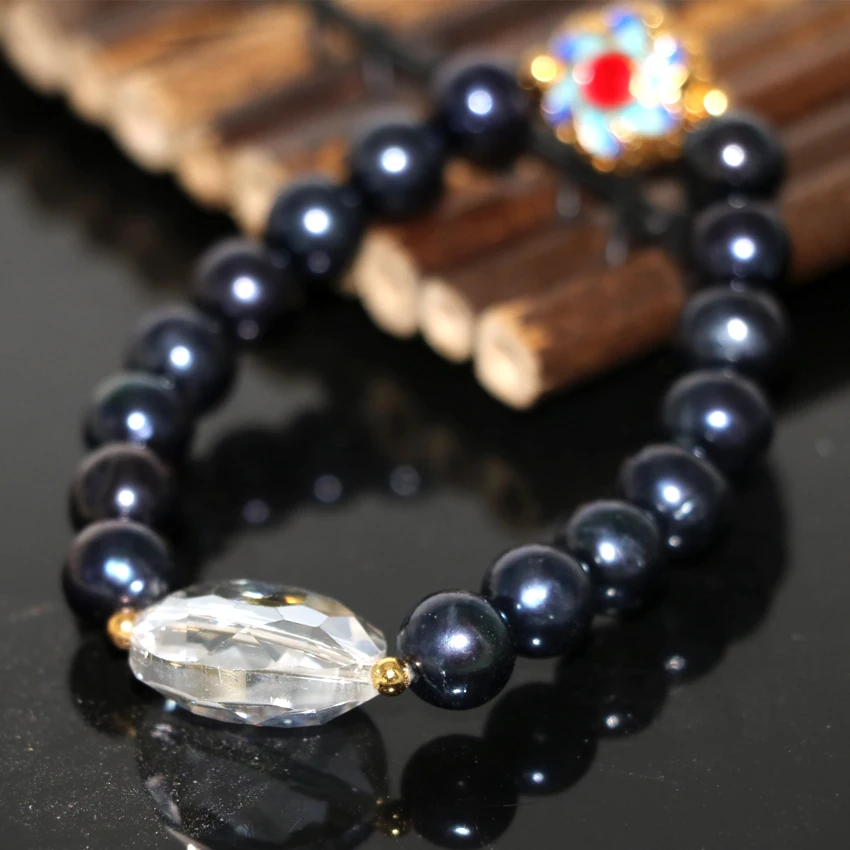 9 10 мм natural black пресноводные культивированный жемчуг браслеты женщины элегантные
