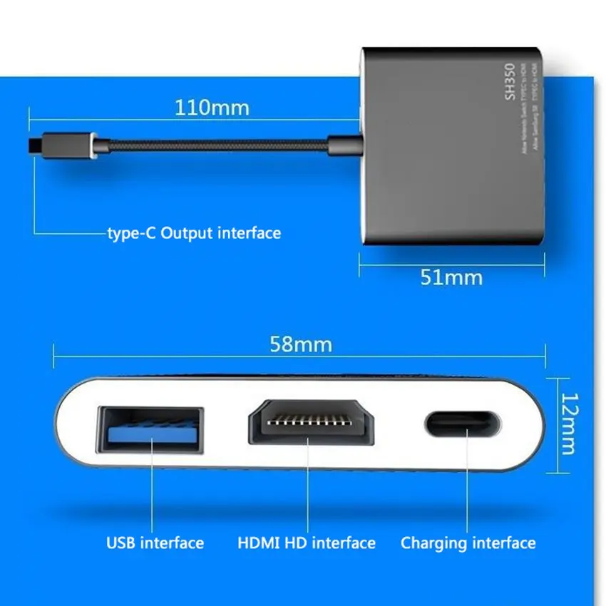 SH350 Портативный Док-станция Type-C к HDMI адаптер концентратор USB-C конвертер 4K HD кабель