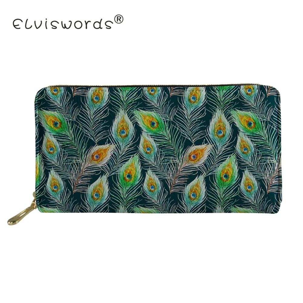 

ELVISWORDS для женщин кошельки с принтом "павлиньи перья" дамы с отделением для карт для телефона чехол-Кошелек для женщин длинный кожаный кошеле...