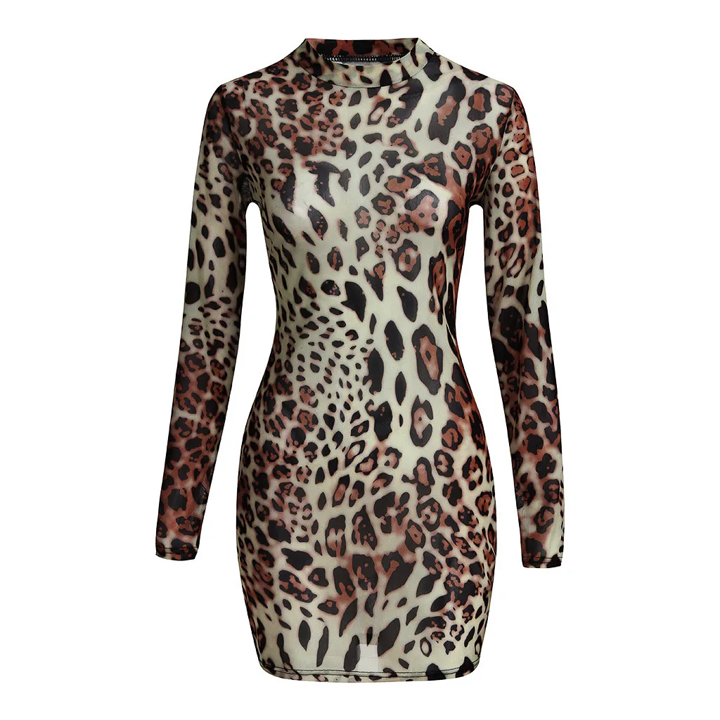JAYCOSIN Summer Sexy Women Snake Leopard Print Dress Long Sleeve O-Neck Bodycon Mesh Sheer Party Club Mini Sundress 614W | Женская