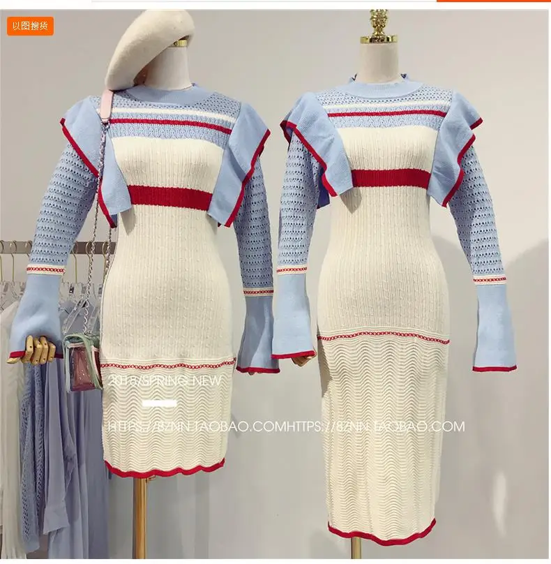 20118 Winter Long Sleeve Ruffles Sweaters Women Sweet Dresses Lady Flare Sweater Knit Tops | Женская одежда