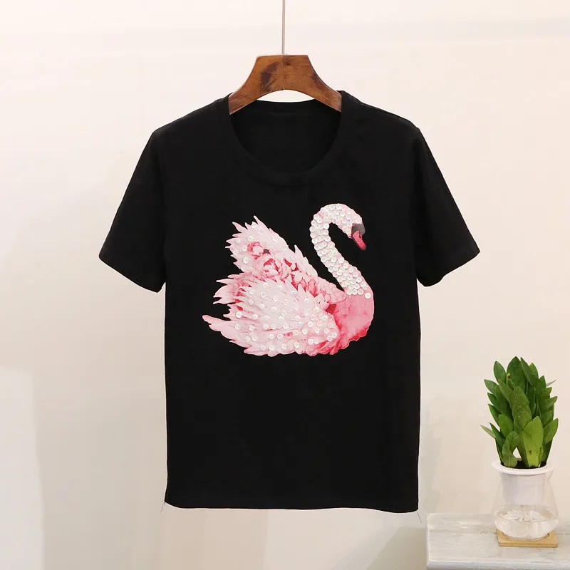 Женская хлопковая белая футболка с коротким рукавом повседневная черная