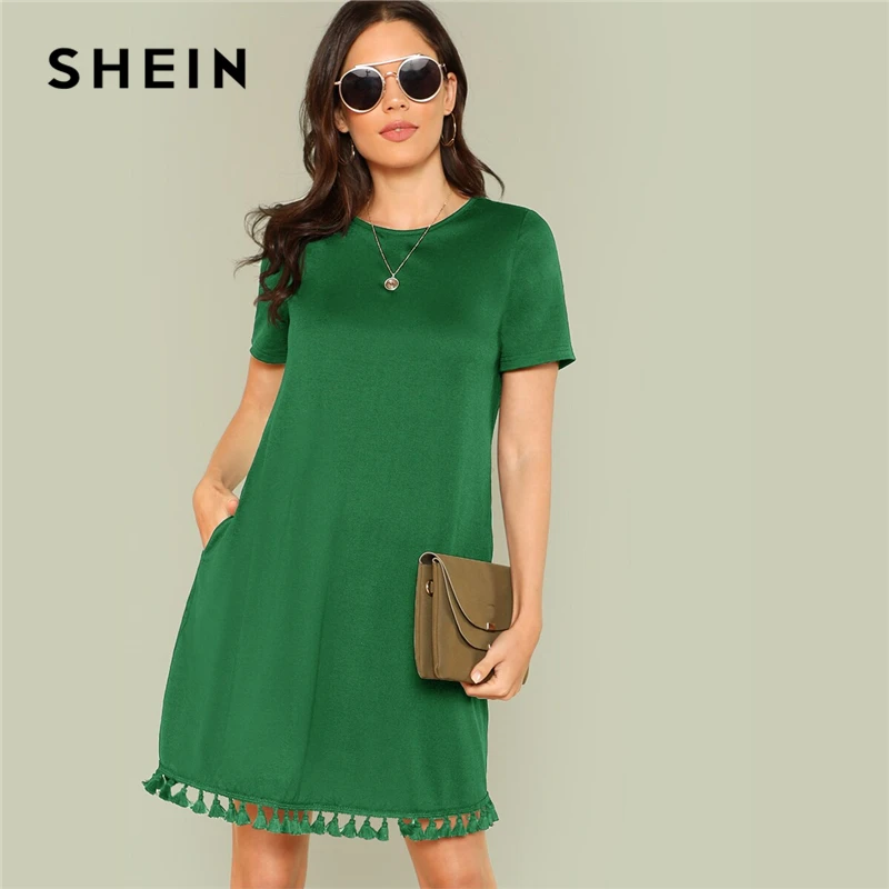 SHEIN женское летнее платье с бахромой и боковыми карманами,, цельное платье-туника с коротким рукавом