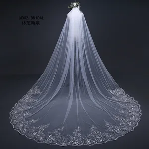 Длинная свадебная фата длиной 3 метра с кружевной каймой, свадебная фата с металлической расческой