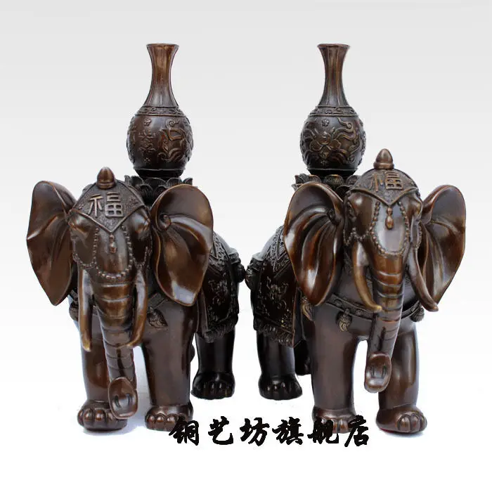 12 ''Китай Бронза фэншуй Счастливый слон ваза лотоса Статуя Пара|statue china|statue