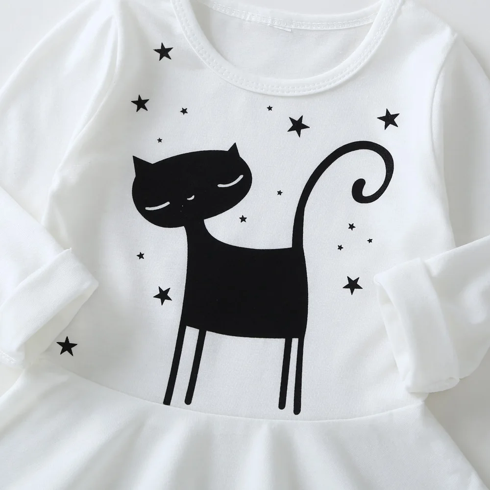 New Fashion Fall Winter Cat Print Children Long Sleeve Cartoon Baby Girl Cotton Party Dresses for Kids Princess Girls Dress | Детская