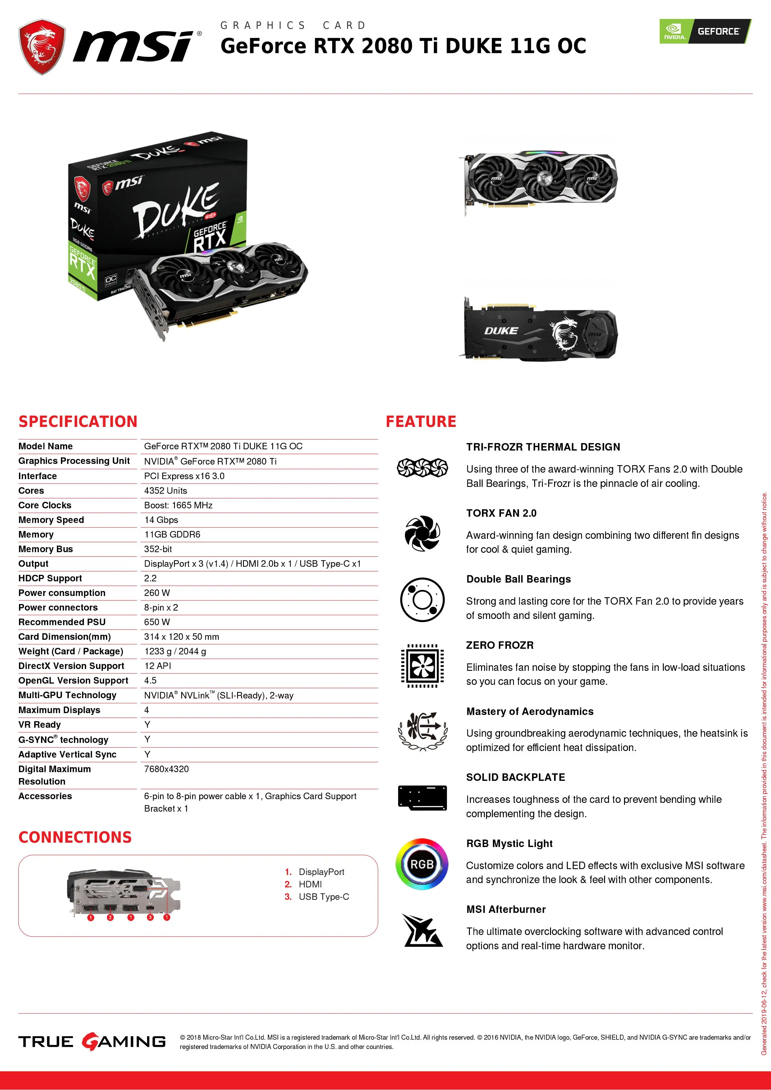 Видеокарта MSI GeForce RTX 2080Ti DUKE 11G OC 11 ГБ GDDR6 1665 МГц 4352 единиц 352 бит 14 Гбит PCI Express x16 3 0 для